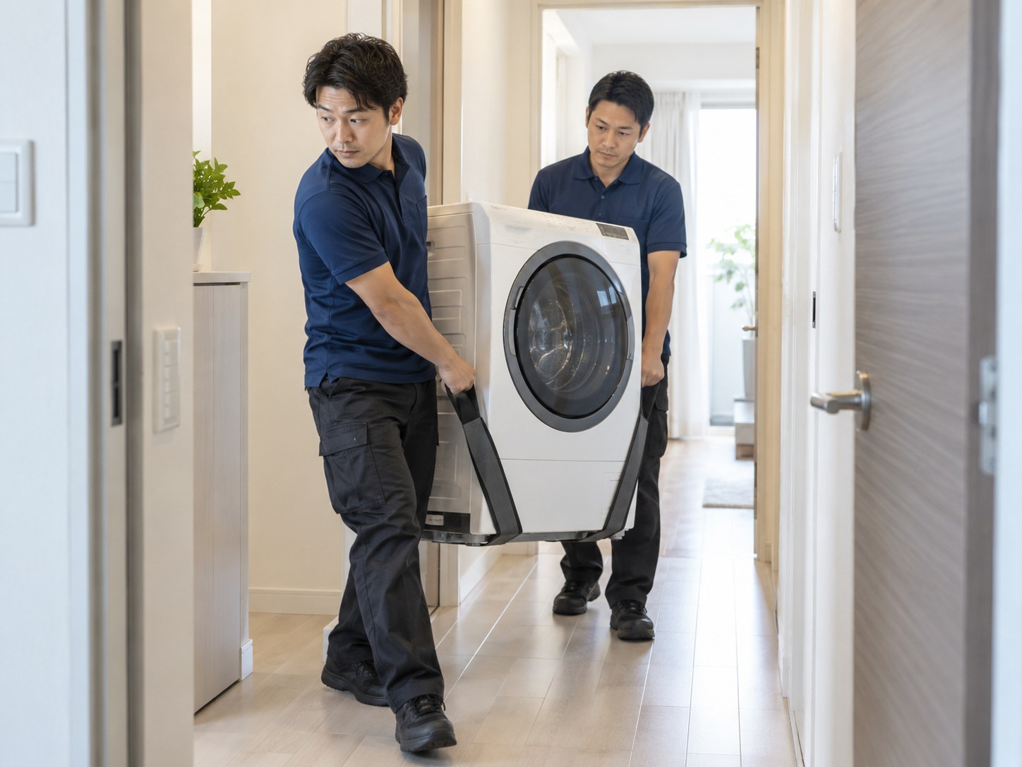 大型家電を2名で安全に運ぶスタッフ